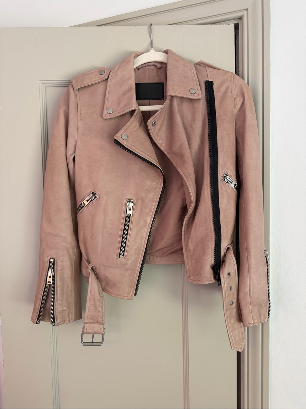 ALL SAINTS + Wyatt Zip Leather Biker Jacket + Blush Pink + Size US 00